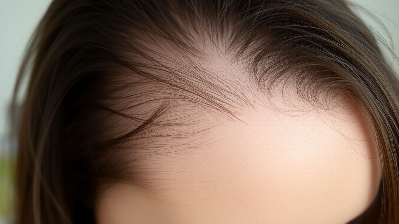 Woman's scalp with thinning hair and falling strands.