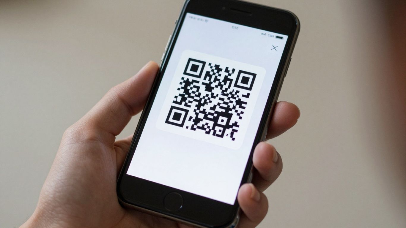 Smartphone scanning a QR code on its screen.