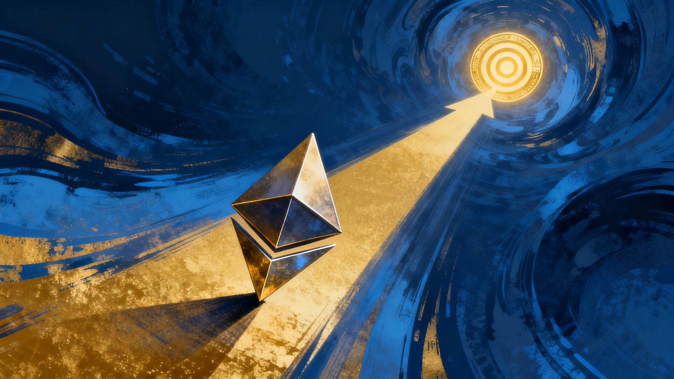 Ethereum logo soaring towards a price target.
