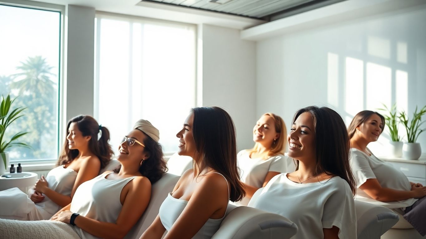 Modern medspa interior with happy clients receiving treatments.