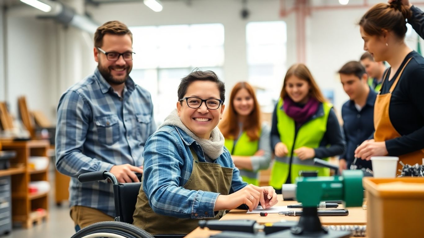 Personne handicapée travaillant avec des collègues dans un atelier.