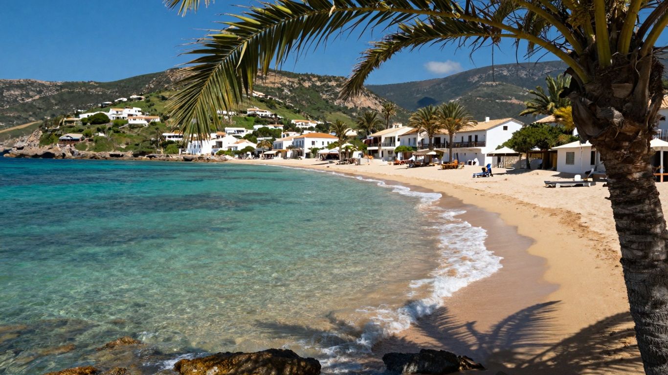 Sunny beach with turquoise water and palm trees.