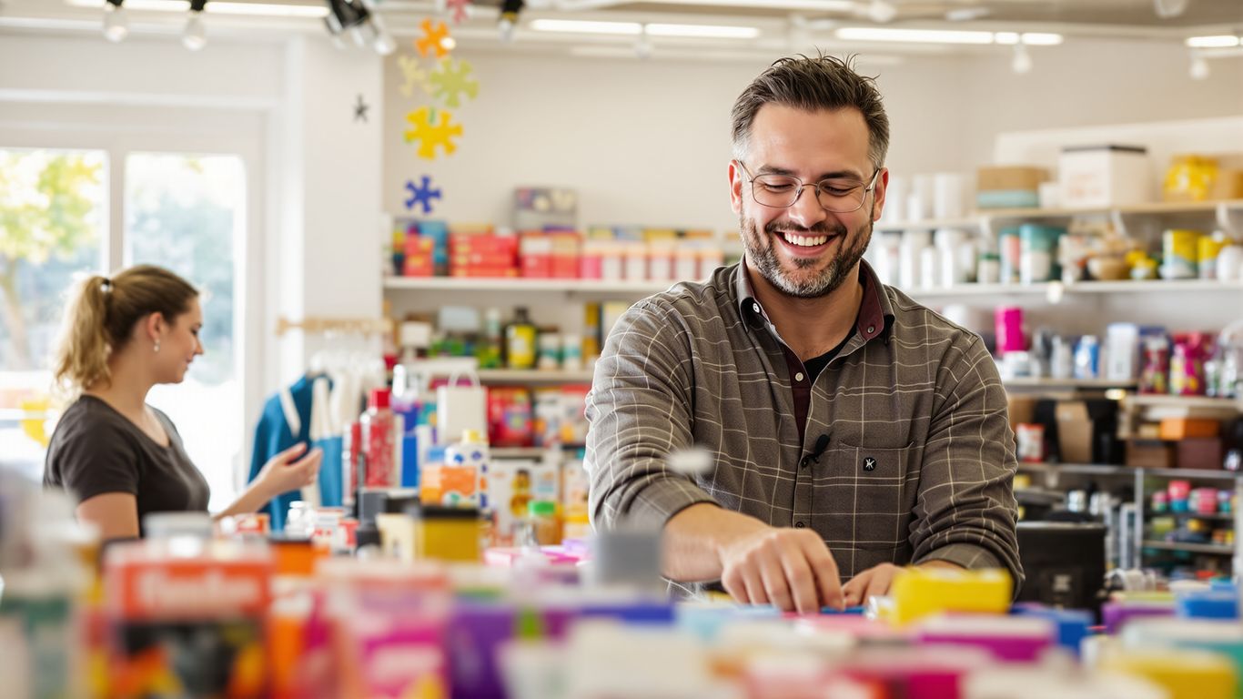 Adults with autism working and smiling in a bright store.