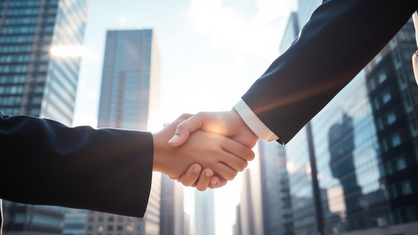 Handshake with city skyline background.