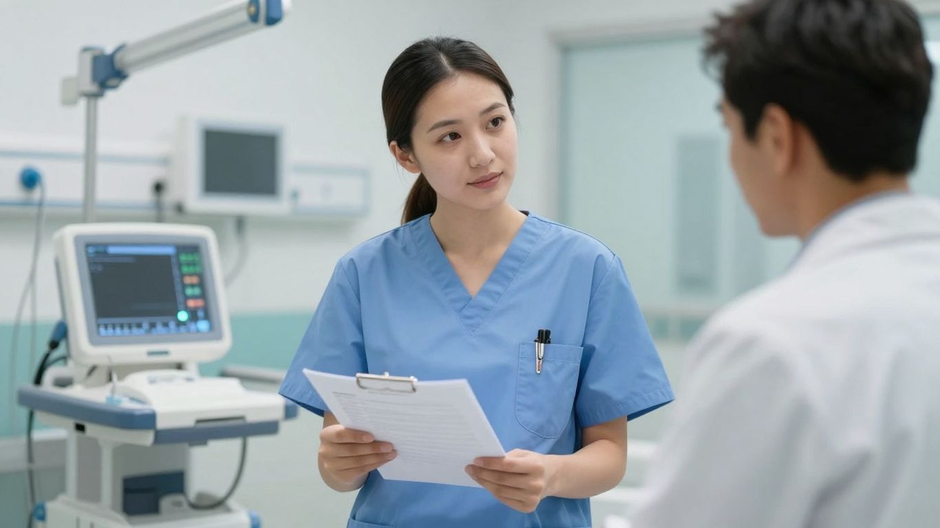 Nurse practitioner caring for a patient in a hospital.