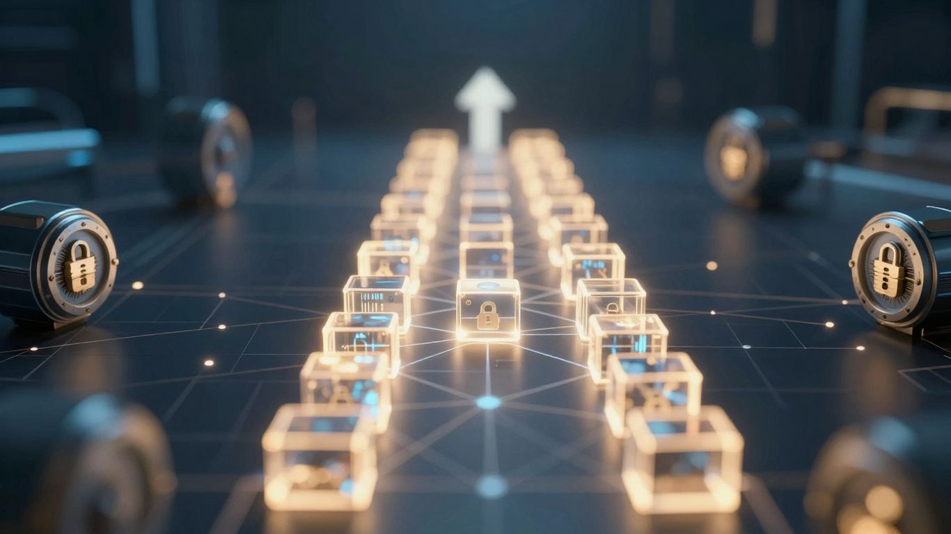 Blockchain investment path with digital blocks and vaults.