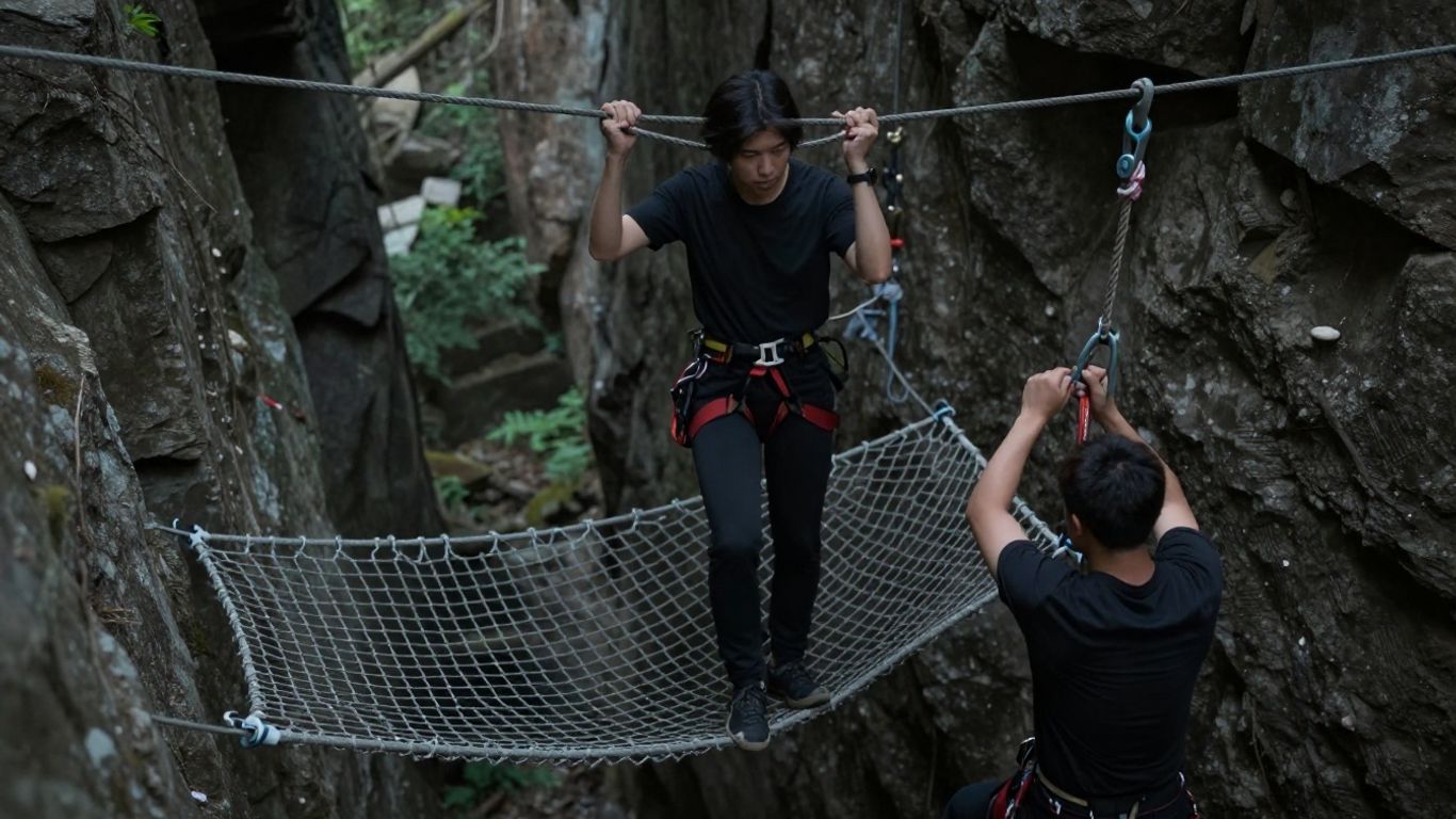 Person on tightrope with safety net and someone adjusting ropes.