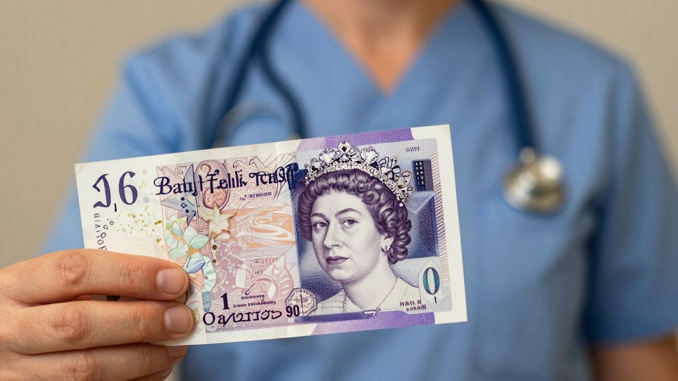 UK pound sterling banknote held in hand, NHS context.
