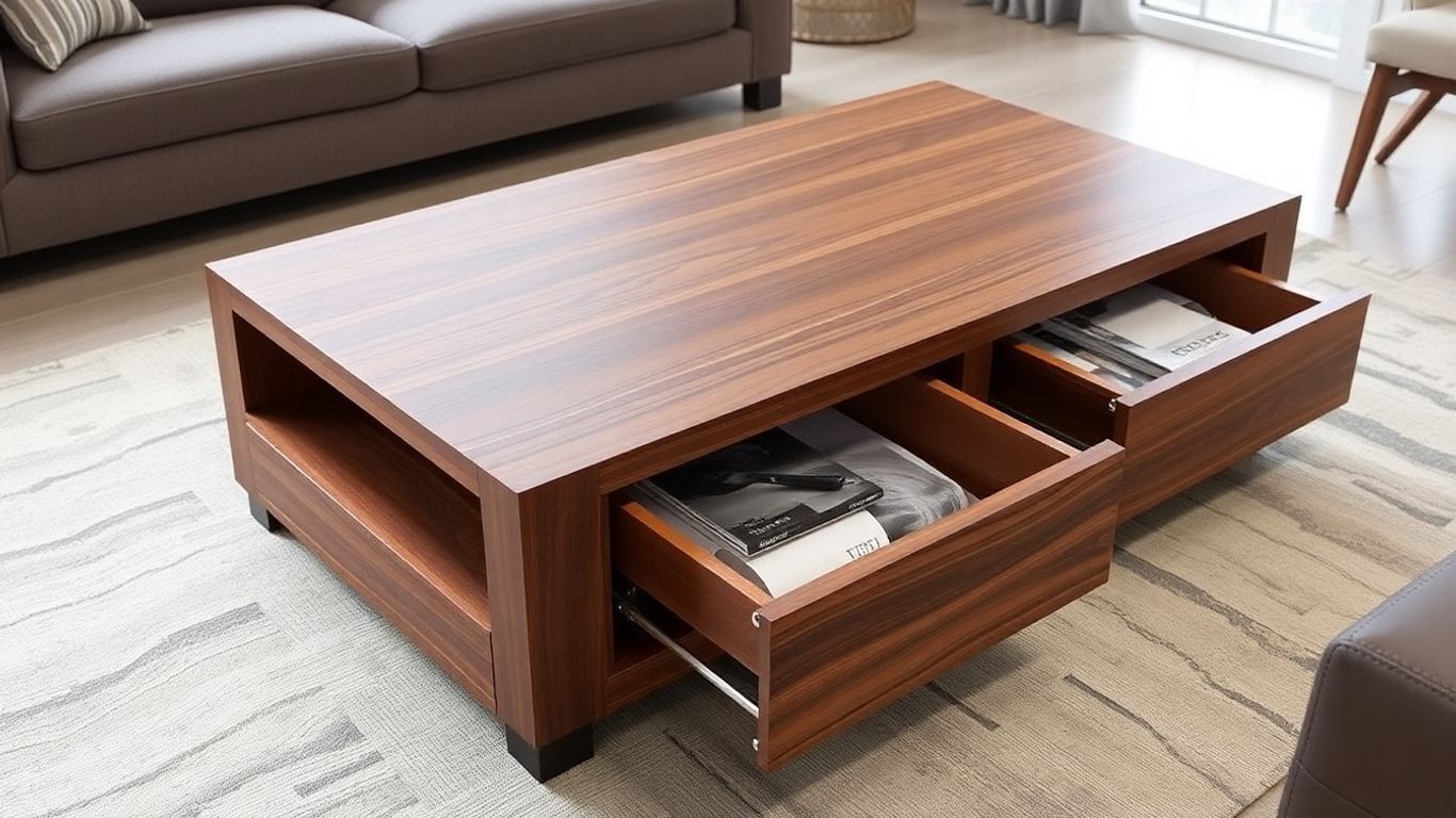 Stylish wooden coffee table with drawers for living room storage.