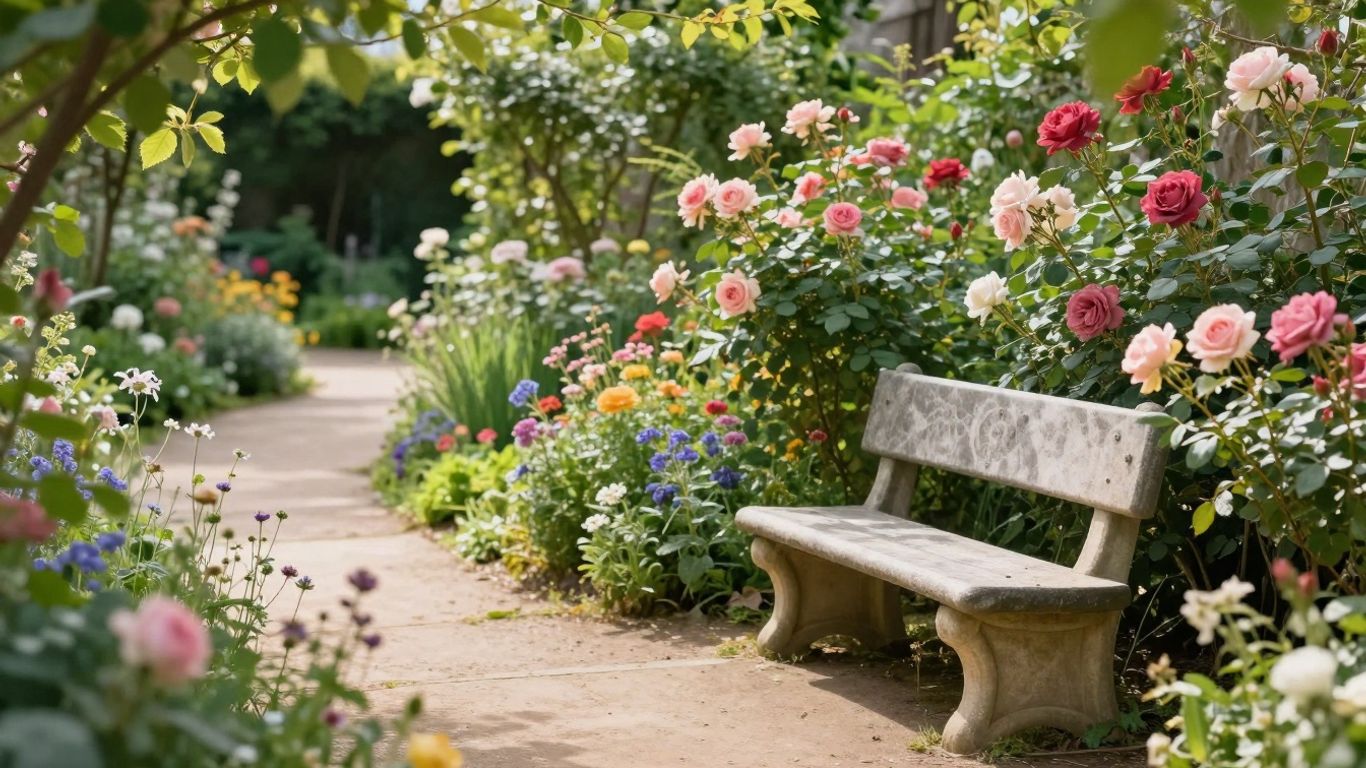 Romantischer Garten mit Rosen und Wildblumen
