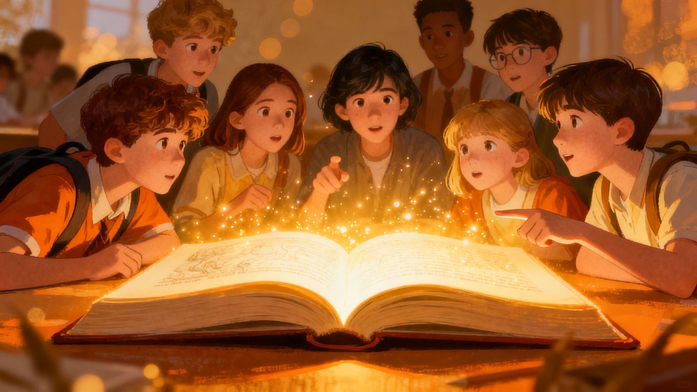 Book emitting light, students learning.