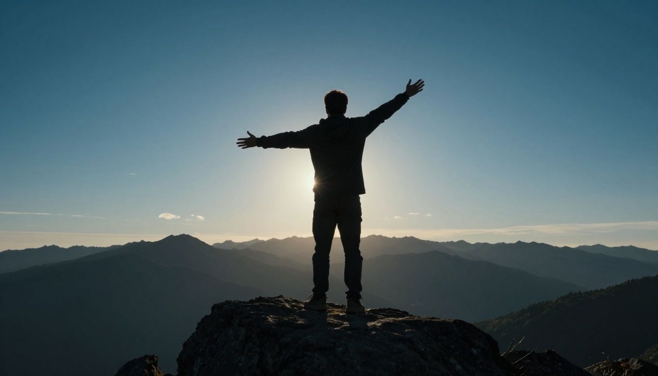 Uma pessoa em pé no topo de uma montanha ao nascer do sol, simbolizando a superação de desafios pessoais e o ganho de confiança.