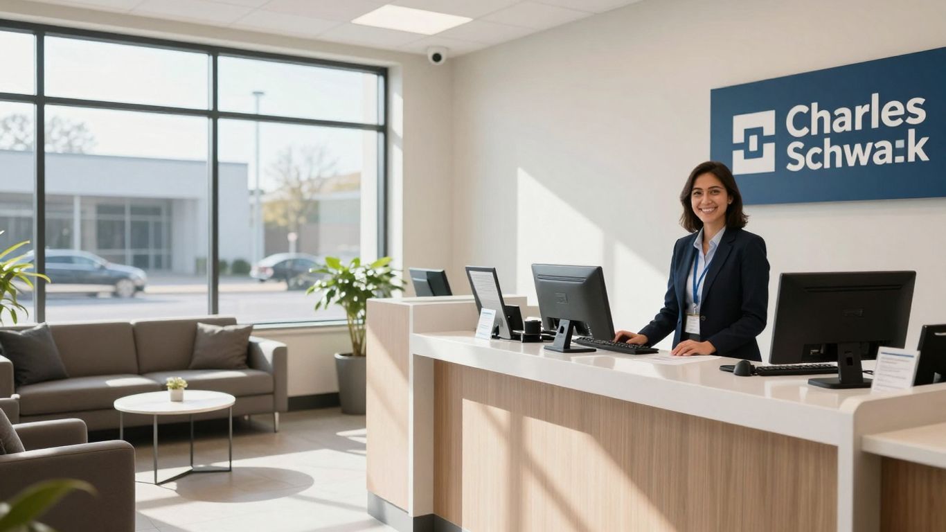Charles Schwab bank interior with teller and seating.