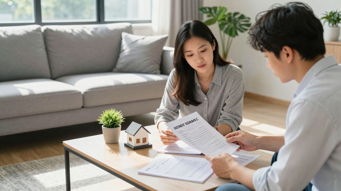 Persona revisando póliza de seguro de hogar en sala moderna.