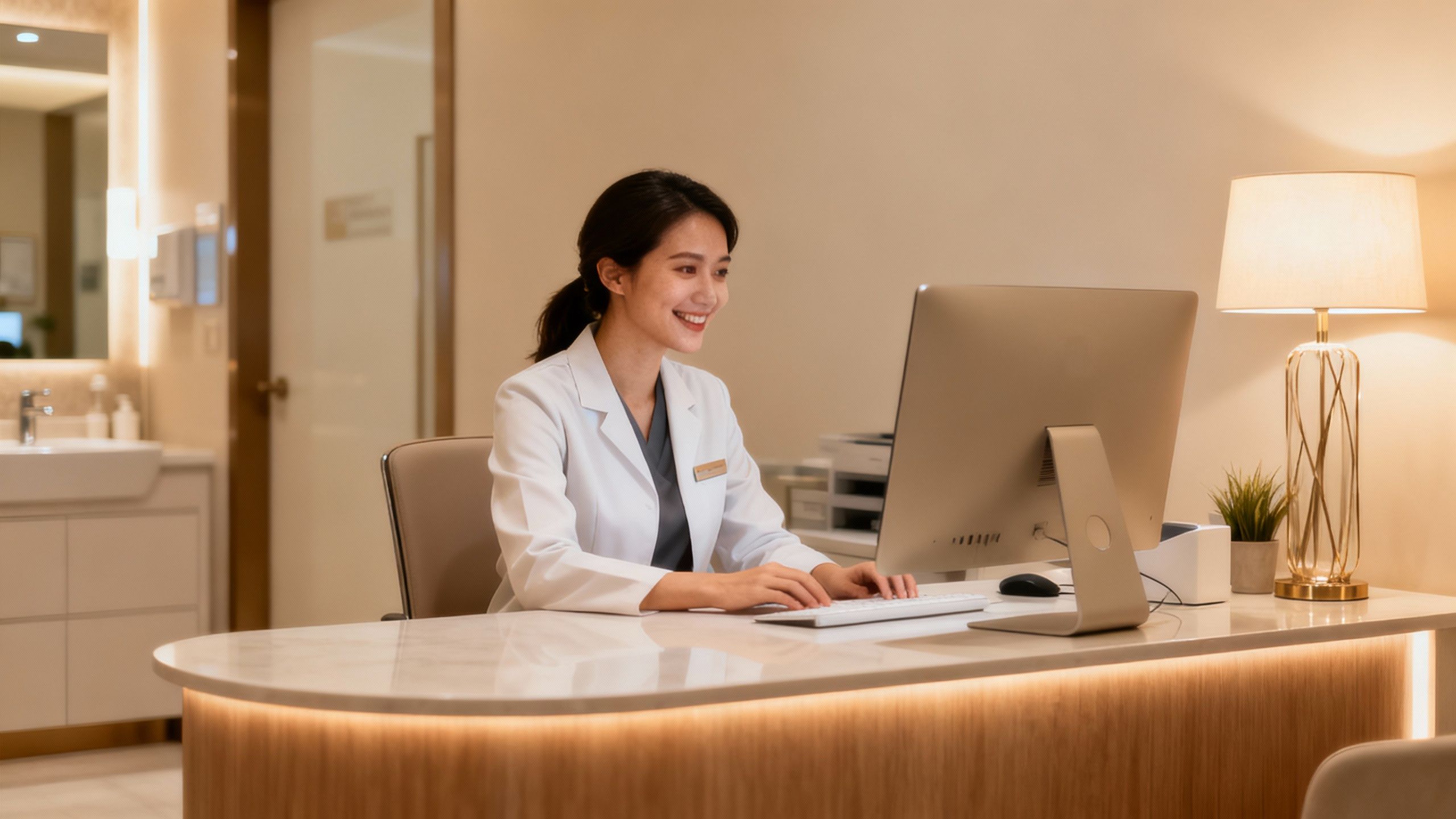 Aesthetic clinic receptionist using a computer at the front desk.
