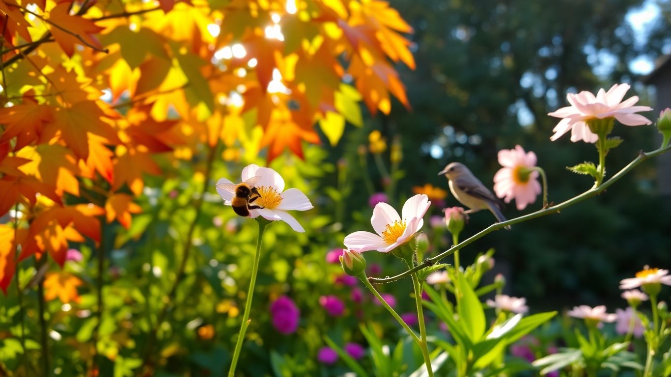 Garten mit Blumen, Insekten und Vögeln im Herbst