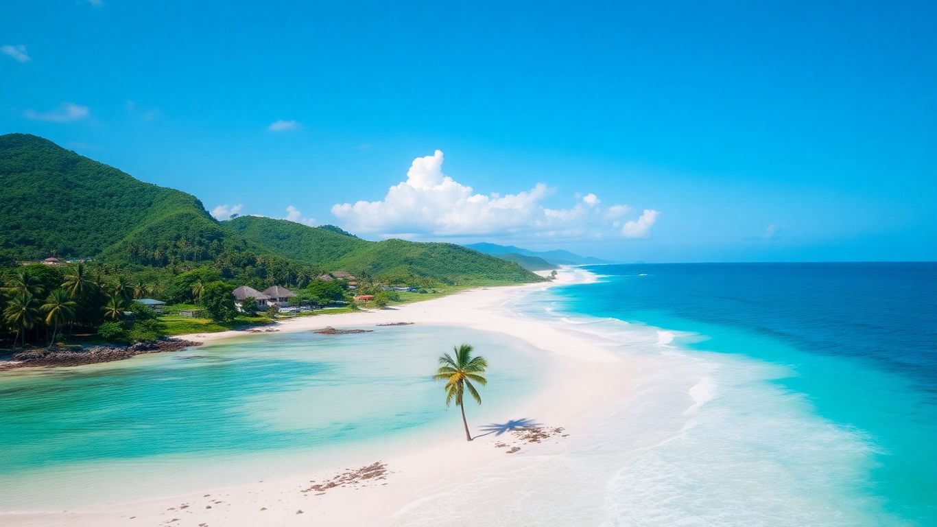 Sumba island landscape with beaches and traditional houses.