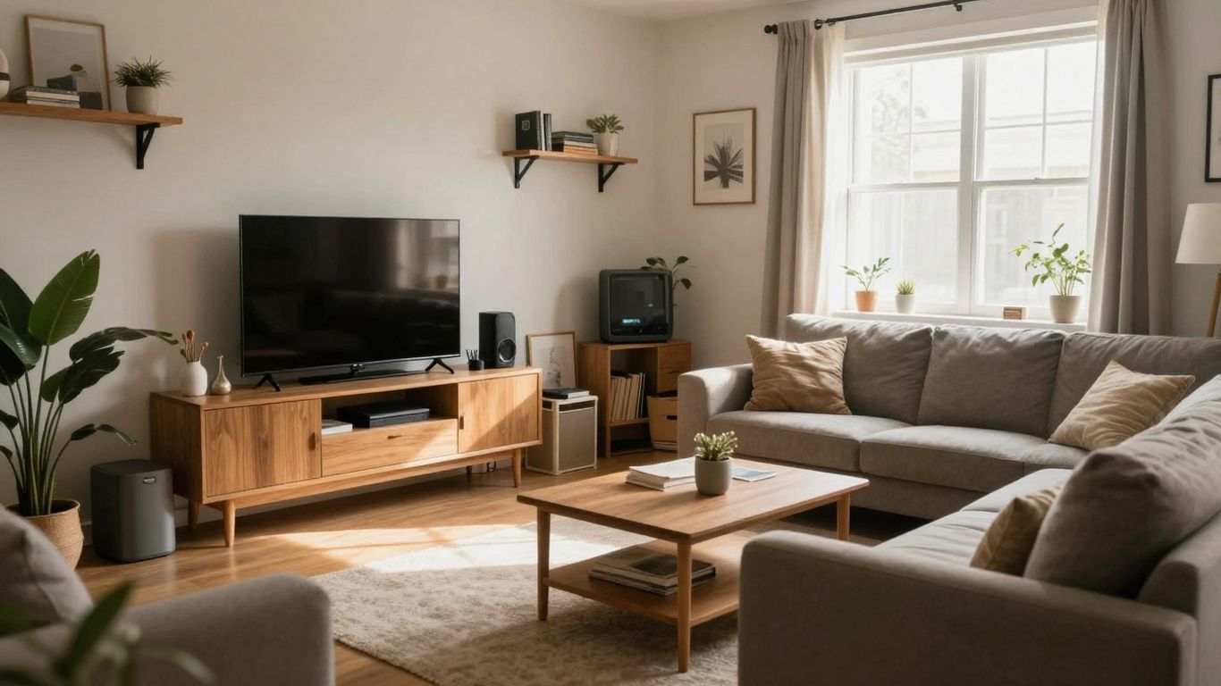 Sala de estar protegida con pertenencias seguras.