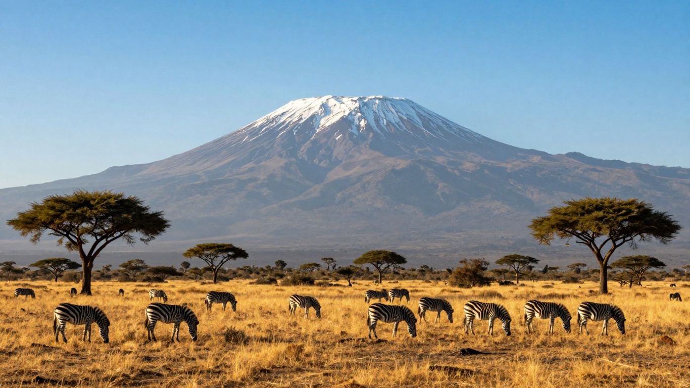 Savanna landscape with zebras and Mount Kilimanjaro.