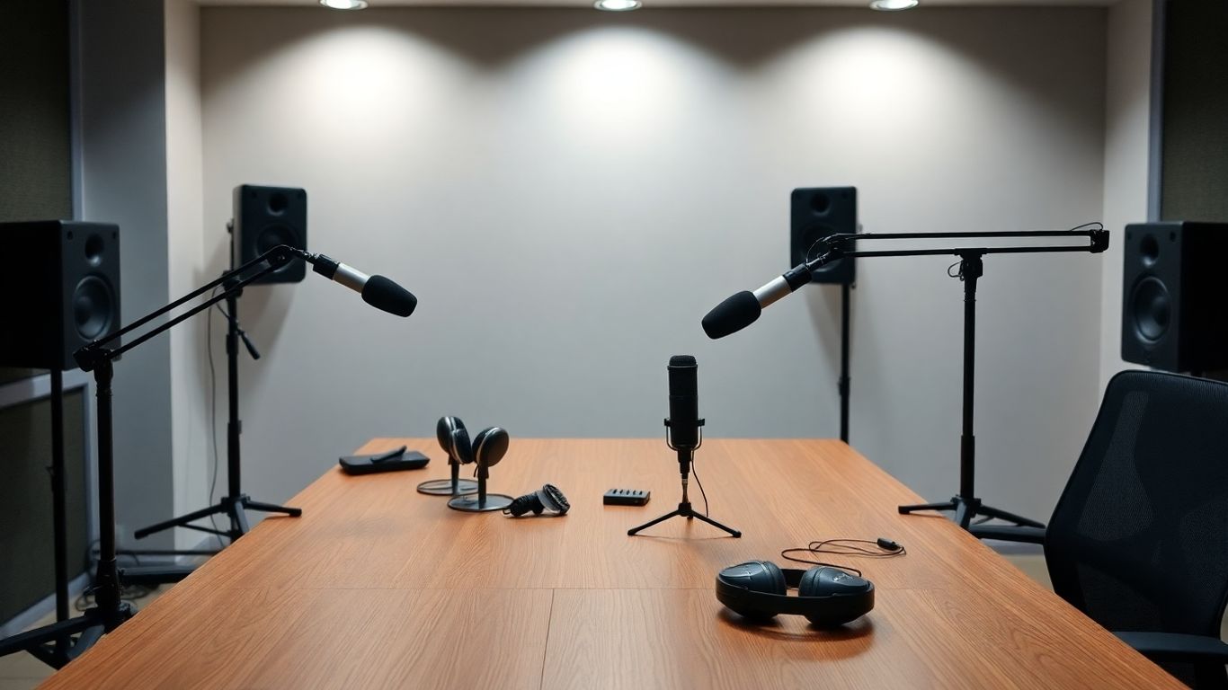 Podcast studio table with microphones and headphones.