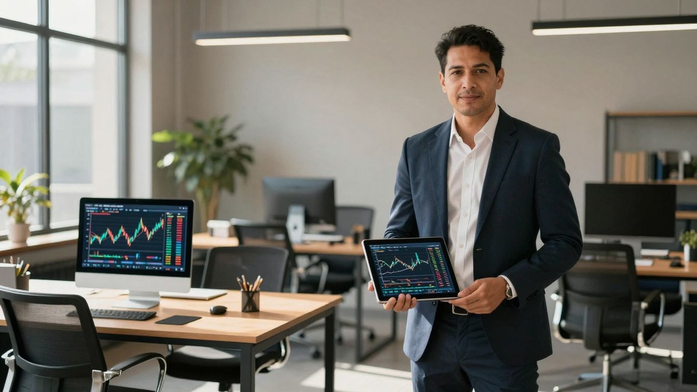 Finance analyst working in a modern office setting.