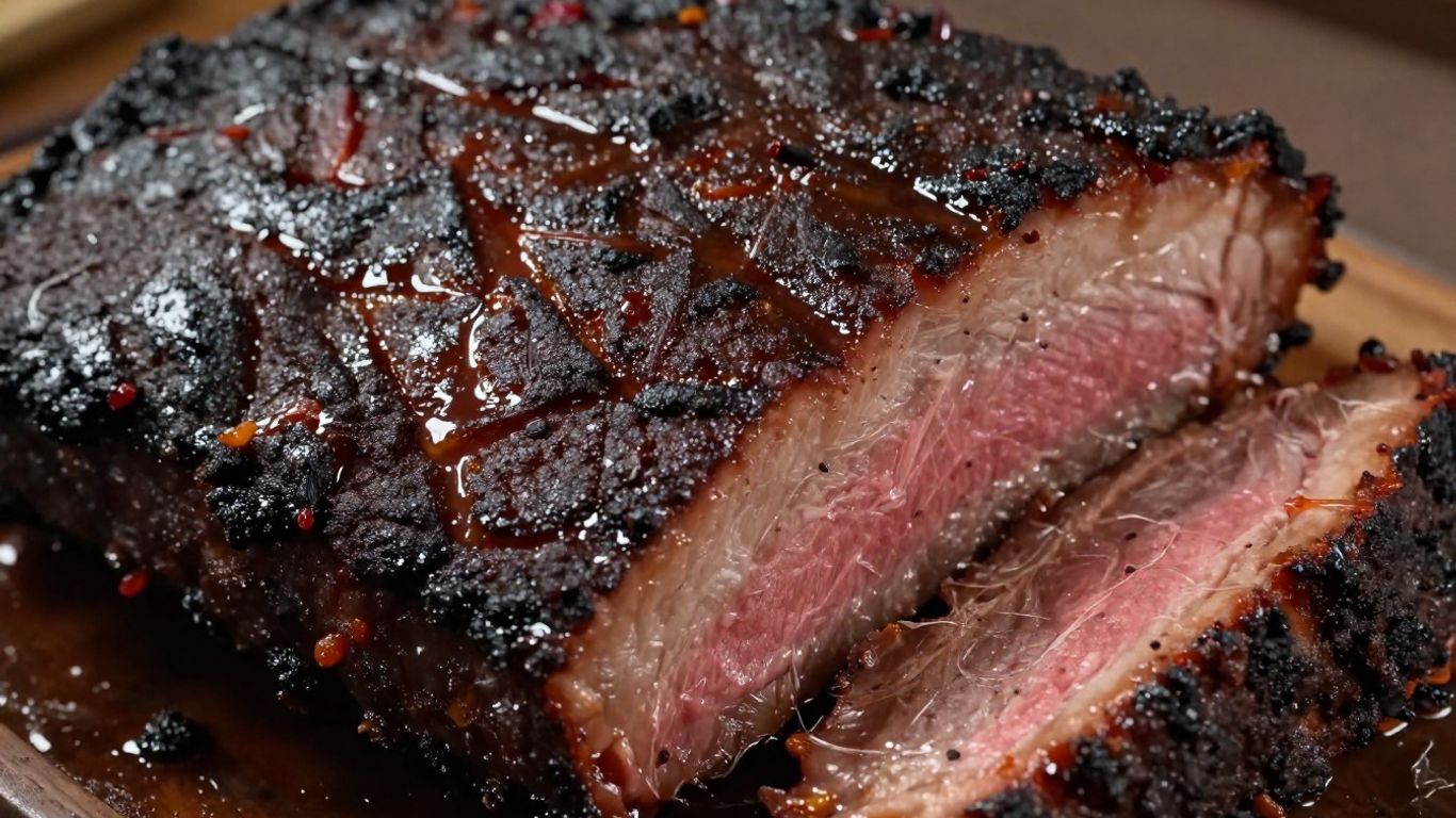 Smoked Texas brisket with dark bark and pink smoke rings.