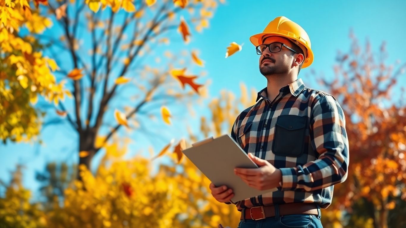 Contractor in fall setting with autumn leaves.