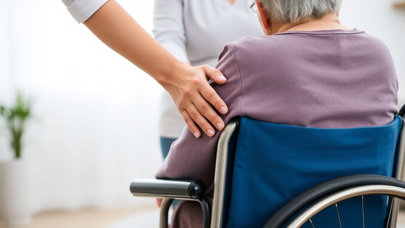 Elderly person in wheelchair with visitor