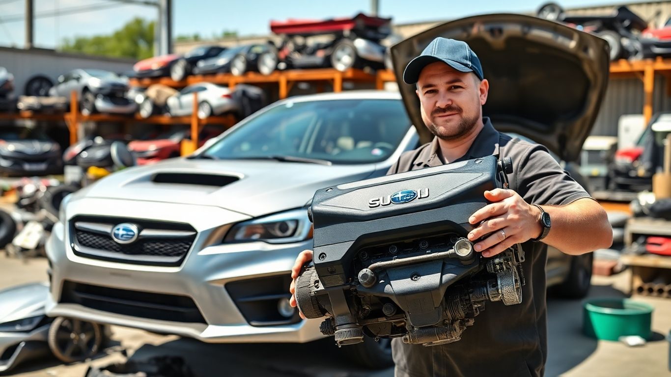 Subaru wreckers dismantling a car for parts.