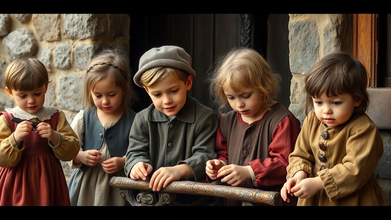 Copii din epoci diferite, îmbrăcați în costume istorice.