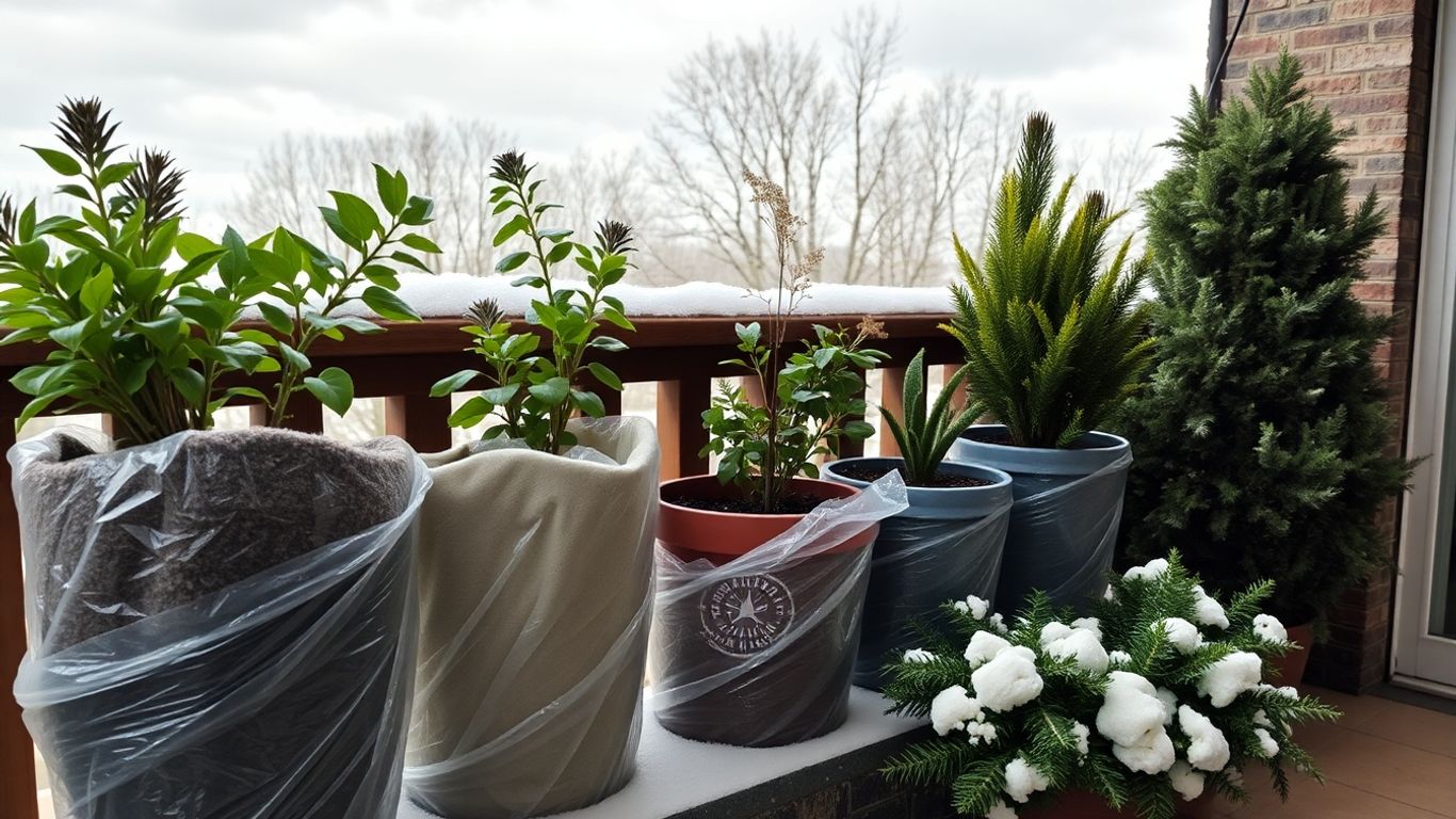 Kübelpflanzen auf Balkon im Winter mit Winterschutz