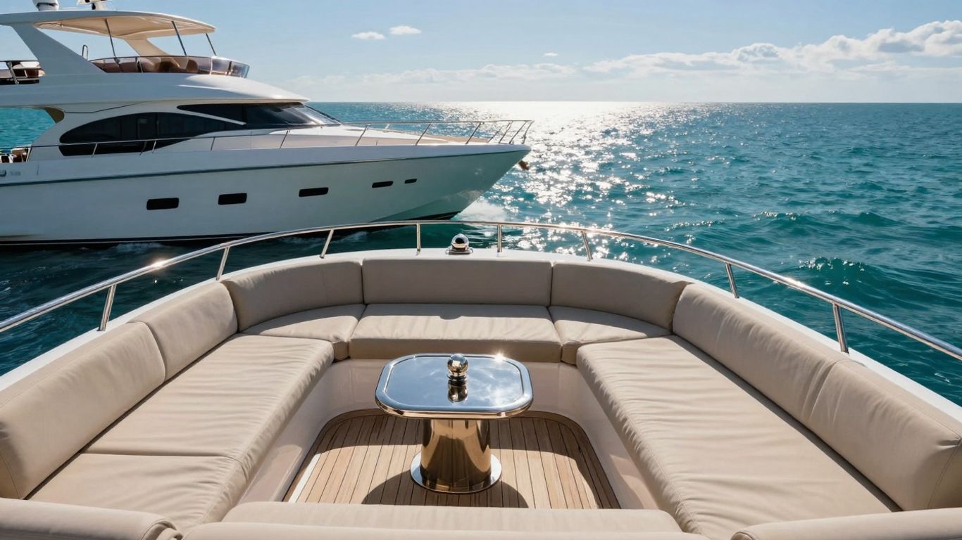 Luxurious yacht sailing on a clear blue ocean.