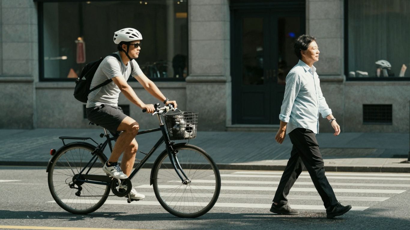 Cyclist and pedestrian on an Atlanta street.