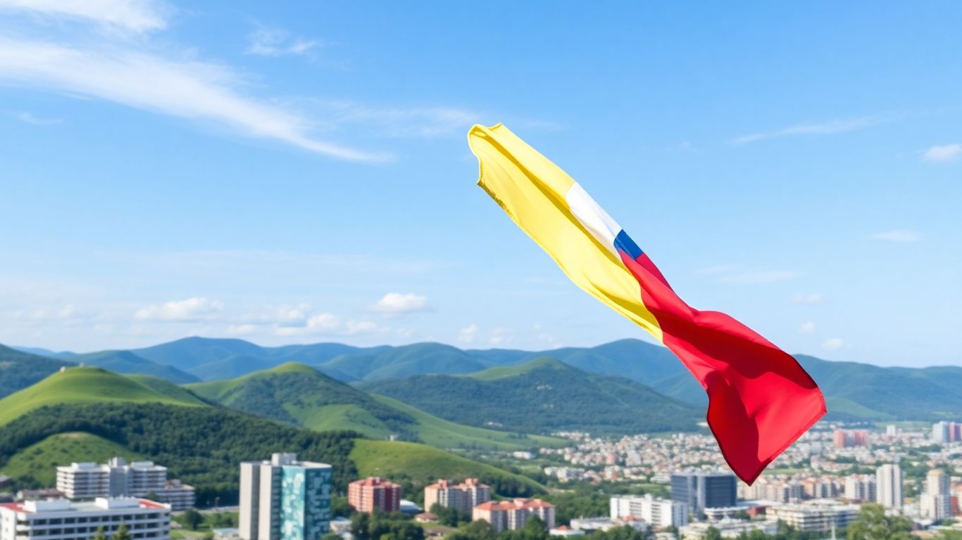 Steagul României pe fundal de oraș și dealuri verzi.