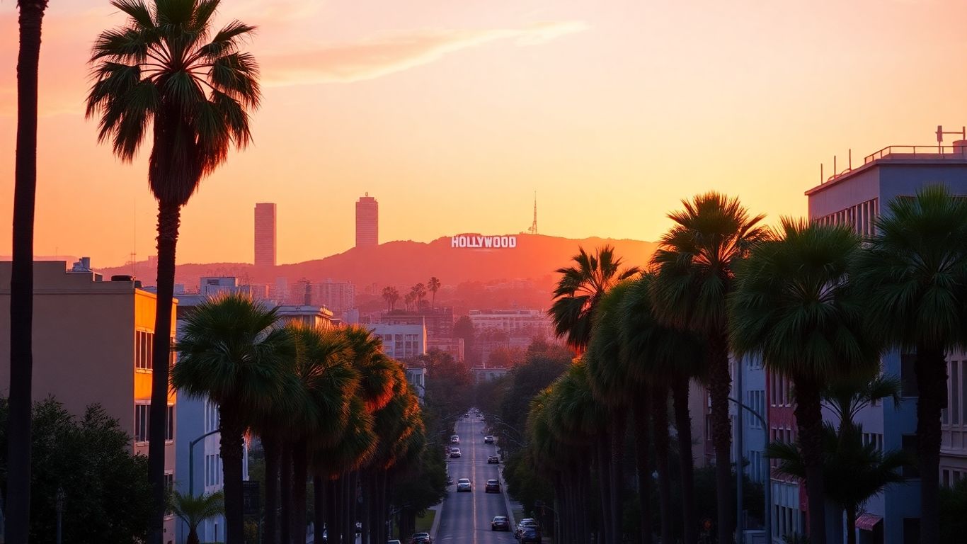 Los Angeles cityscape with palm trees and Hollywood sign.