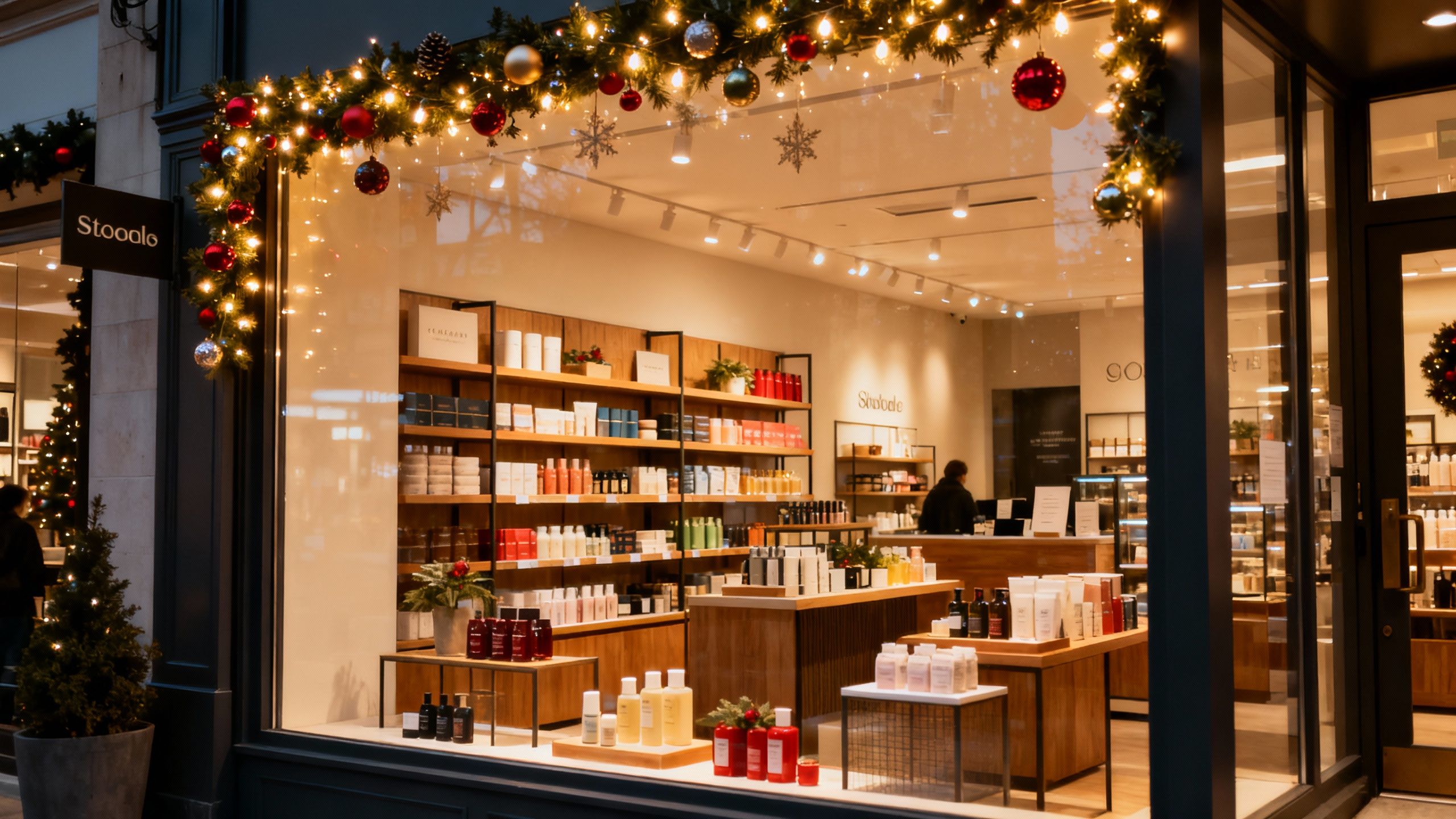 Festive storefront ready for holiday shoppers.