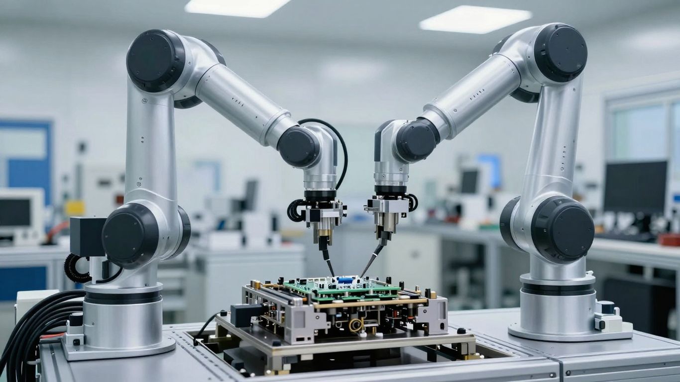 Roboți avansați lucrând într-o fabrică modernă.