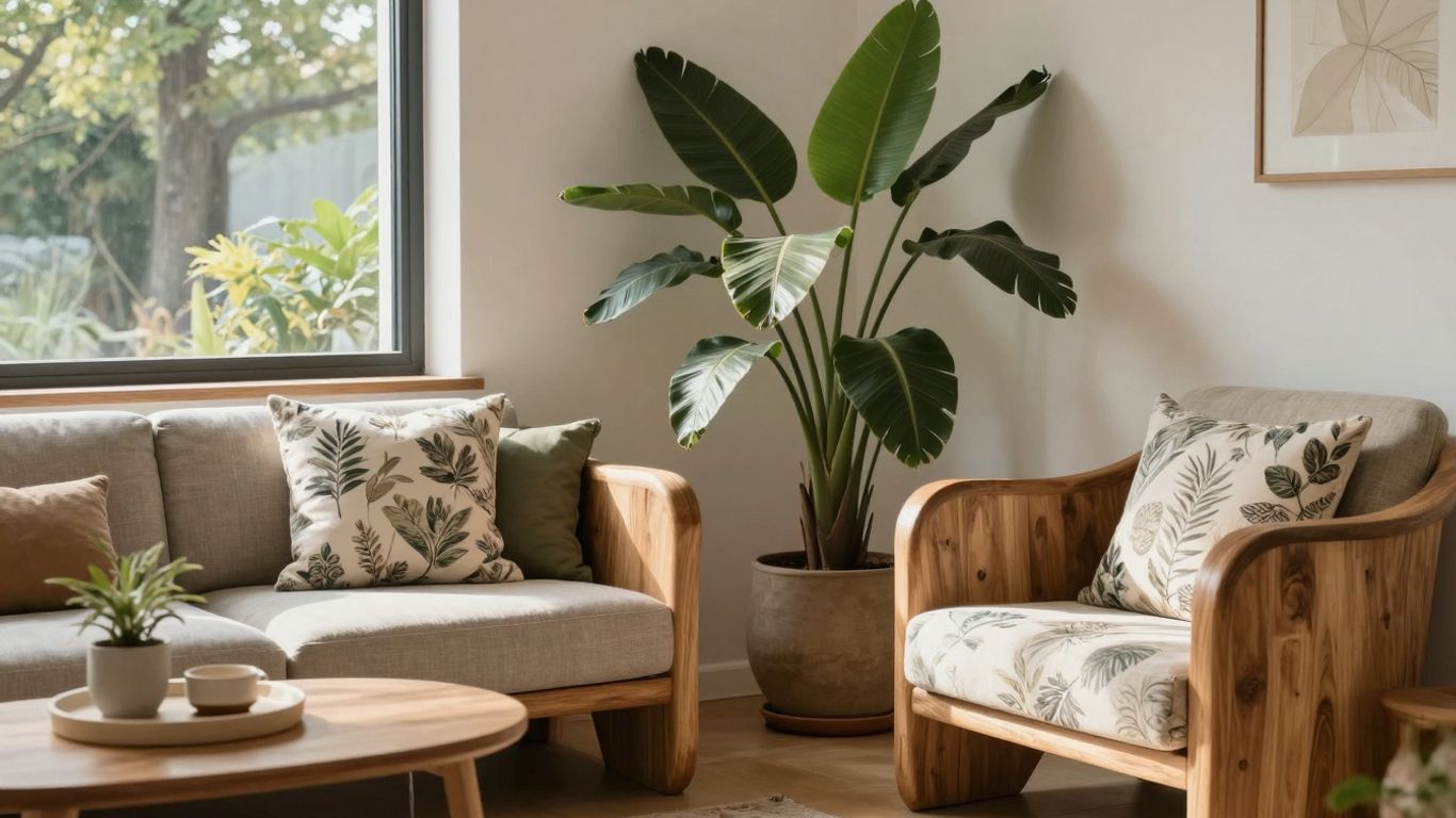 Forme organice și texturi naturale în interiorul casei.