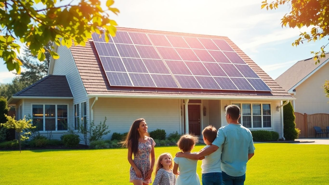 House with solar panels and a family