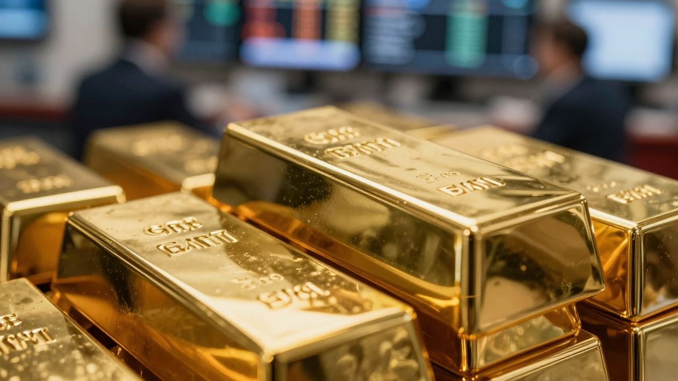 Gold bars stacked, financial trading floor background.