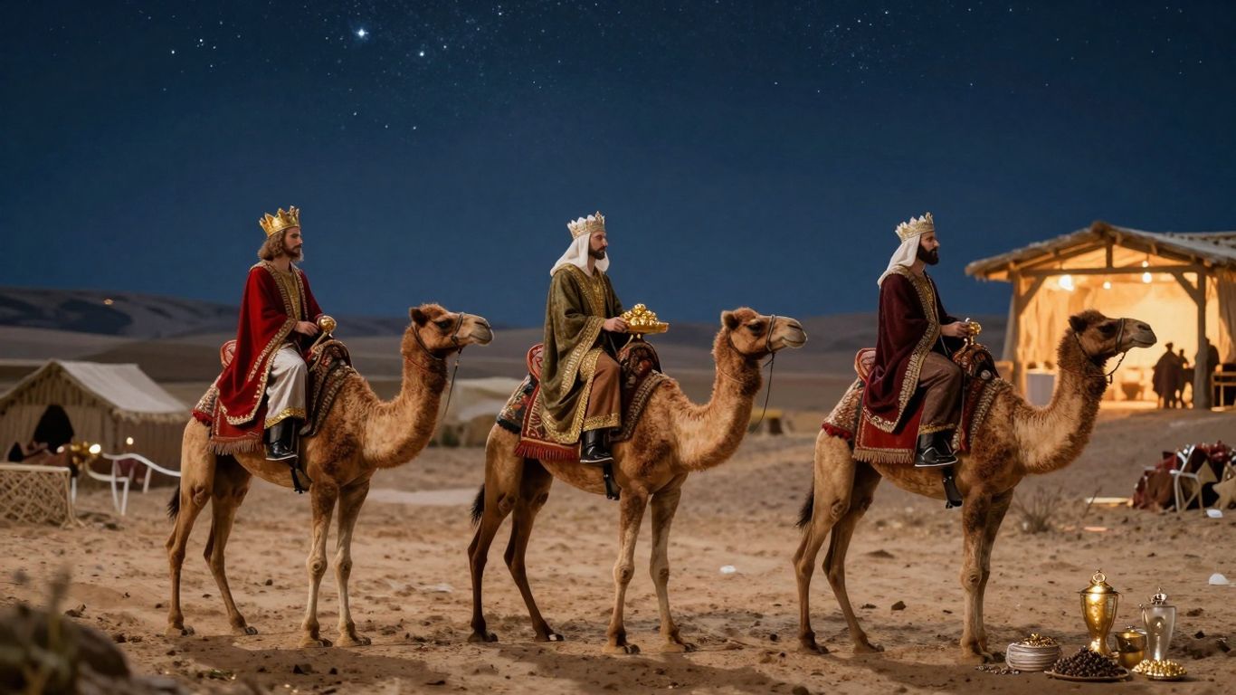 Los Reyes Magos en camellos bajo un cielo estrellado.