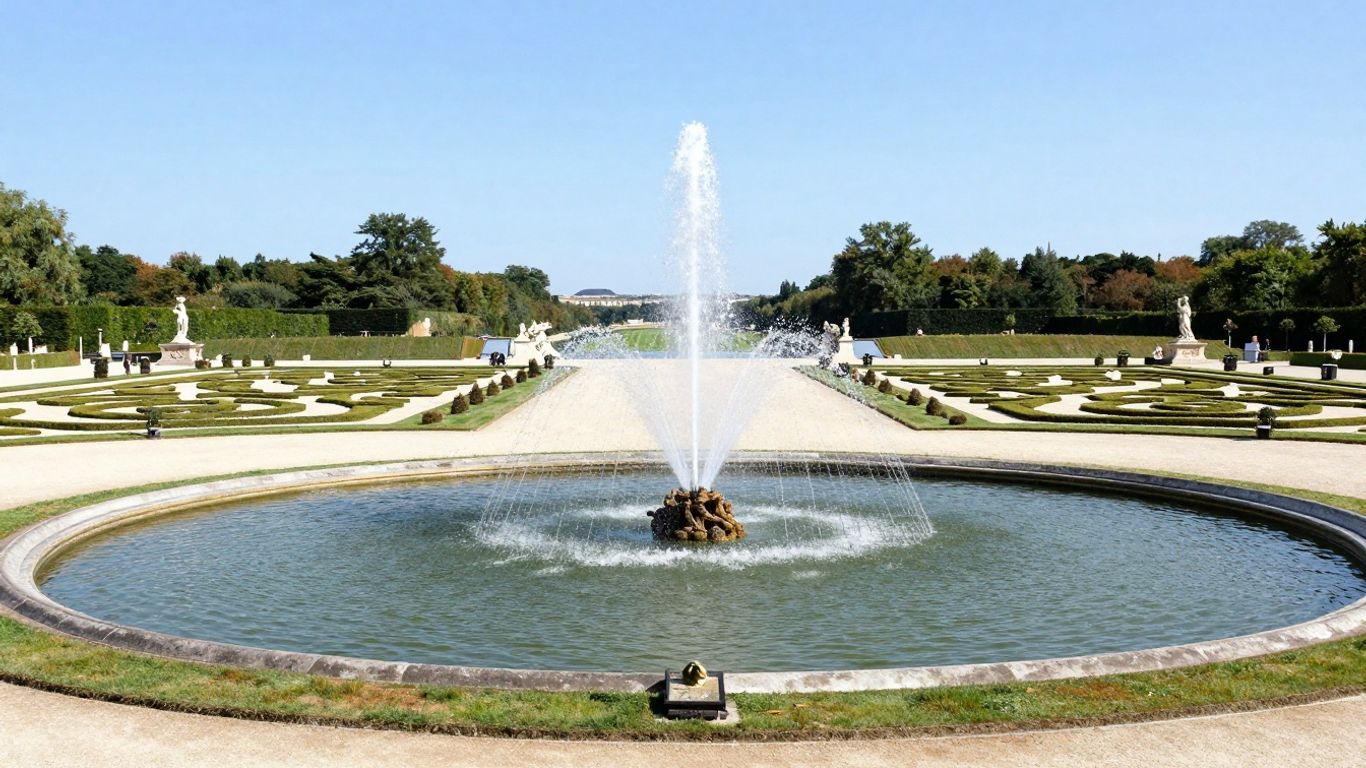 Majestueuze fonteinen en groene hagen in de Tuinen van Versailles.