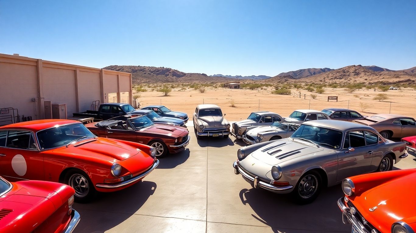 Desert garage filled with classic and modern cars.