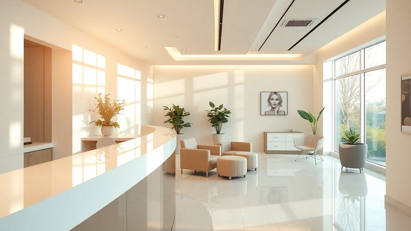 Modern aesthetic clinic interior with reception desk and natural light.
