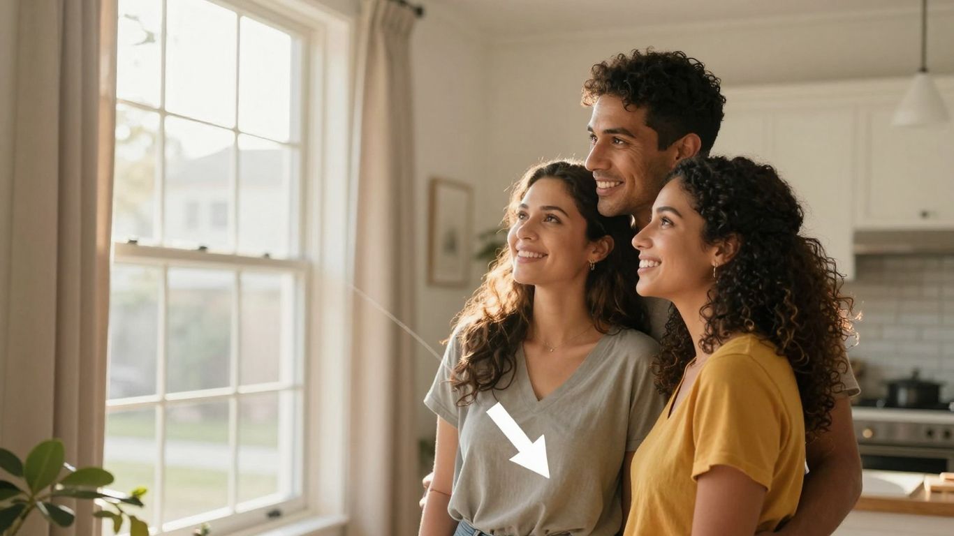 Couple looking at a house with a downward arrow.