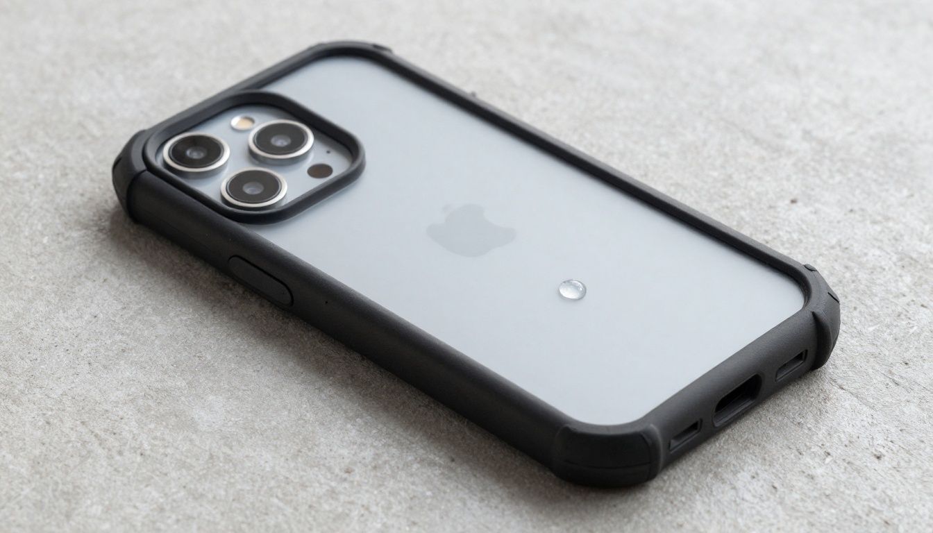 A drop tested generic smartphone protected by a rugged phone case on a concrete surface