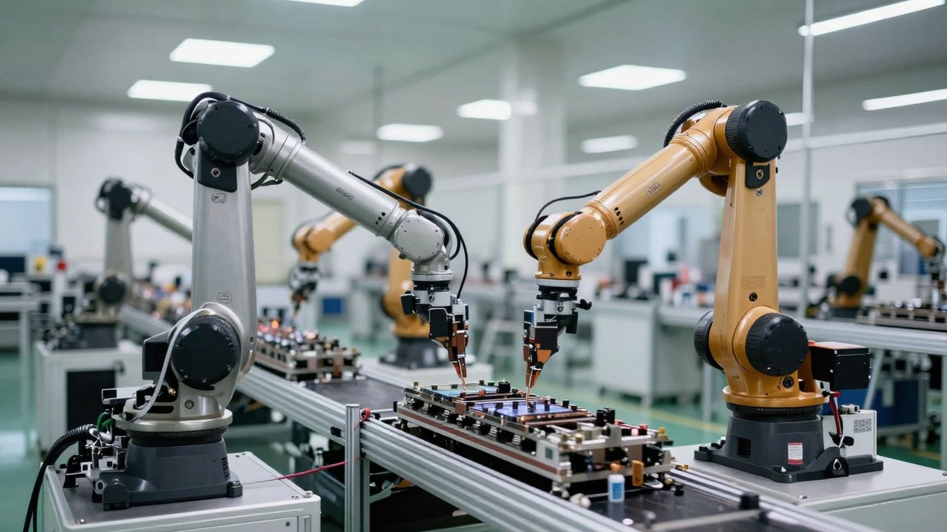 Roboți industriali lucrează pe o linie de producție modernă.