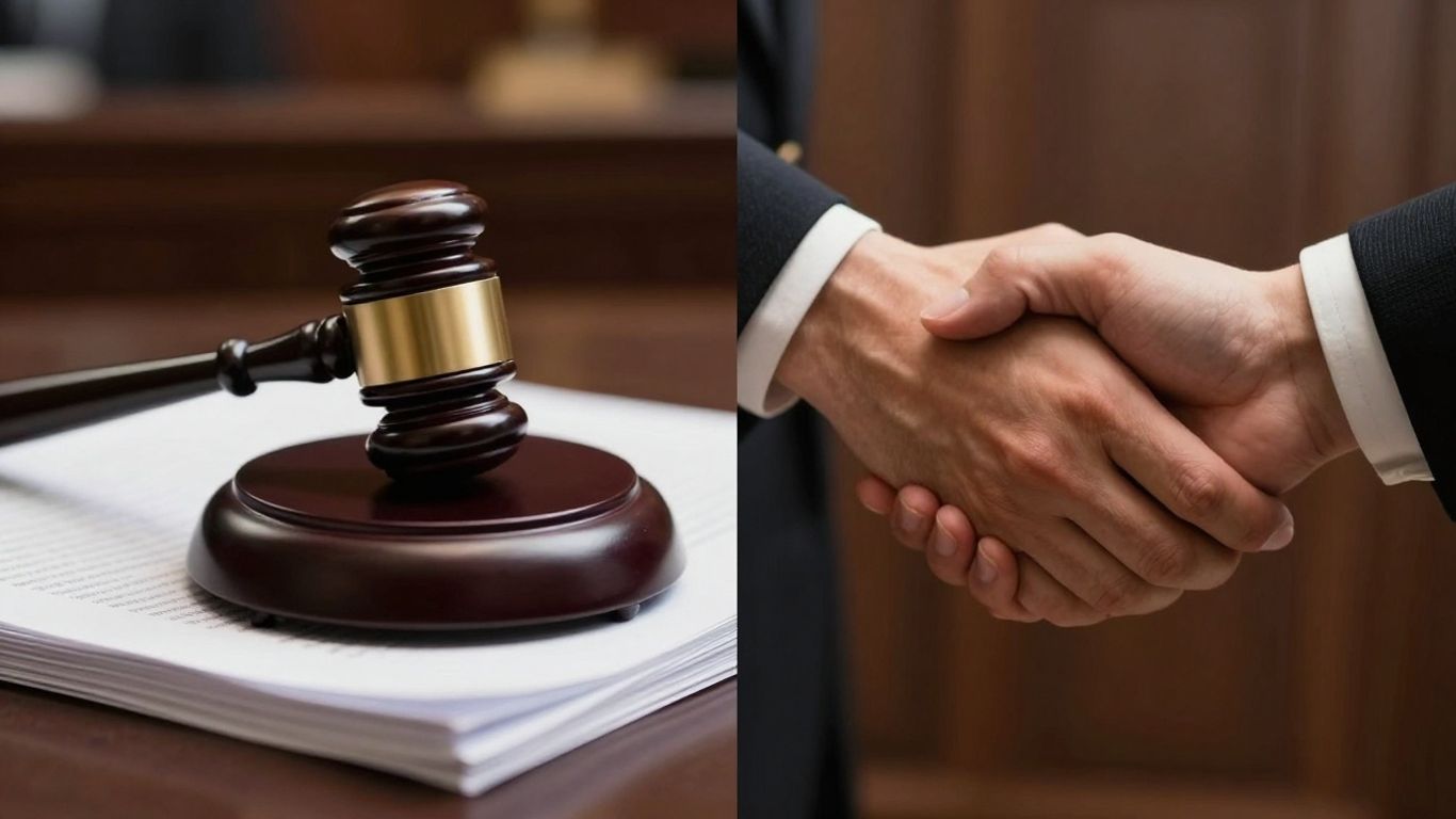 Gavel and shaking hands, legal settlement vs trial