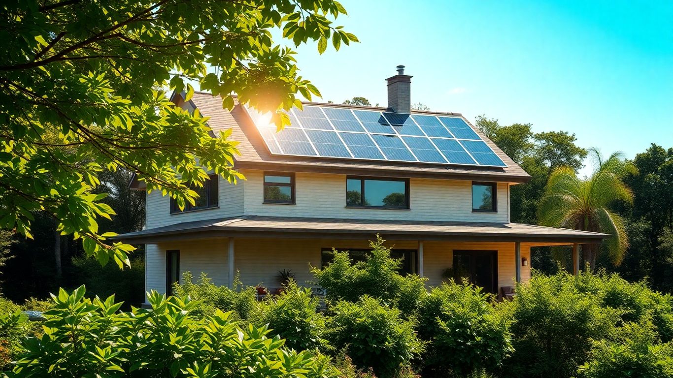 Casă modernă cu panouri solare pe acoperiș.