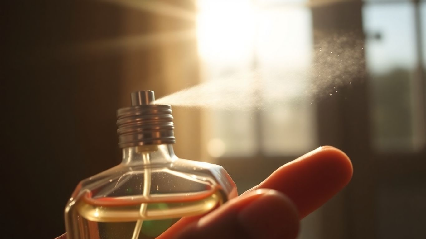 Perfume bottle with mist, sunlight, and floating particles.